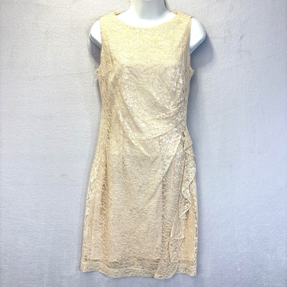 Tahari Arthur S Levine Lace Sheath Dress Womens 6‎ White Ruched Knee Length EUC